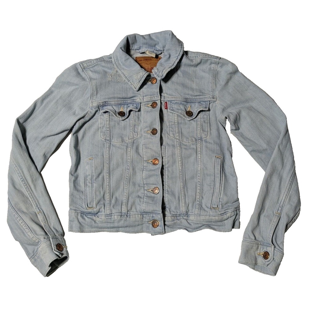 LEVIS Trucker Jacket Women Small Distressed Crop Light Wash Stretch Denim 70270
